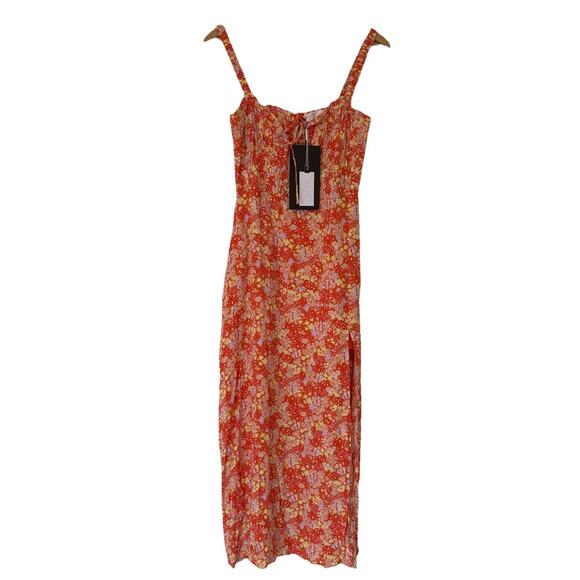 ASTR The Label NWT Elsie Orange Floral Smocked Midi Dress M Cottagecore Milkmaid - Picture 2 of 14